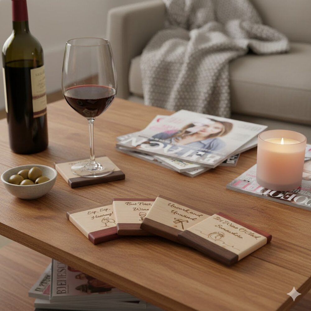 Unwind & Sip: Set of 4 Rustic Wine Coasters - Perfect Girls' Night Gift